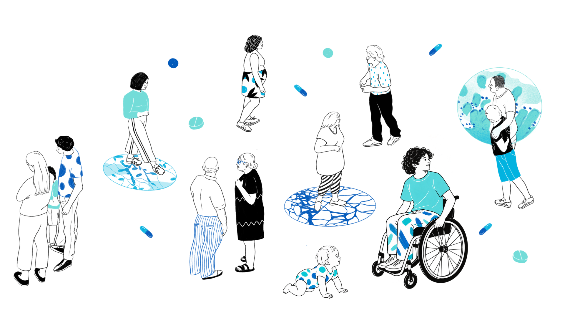 Illustrated collage of patients, families, advocates, a wheelchair user, and a baby.