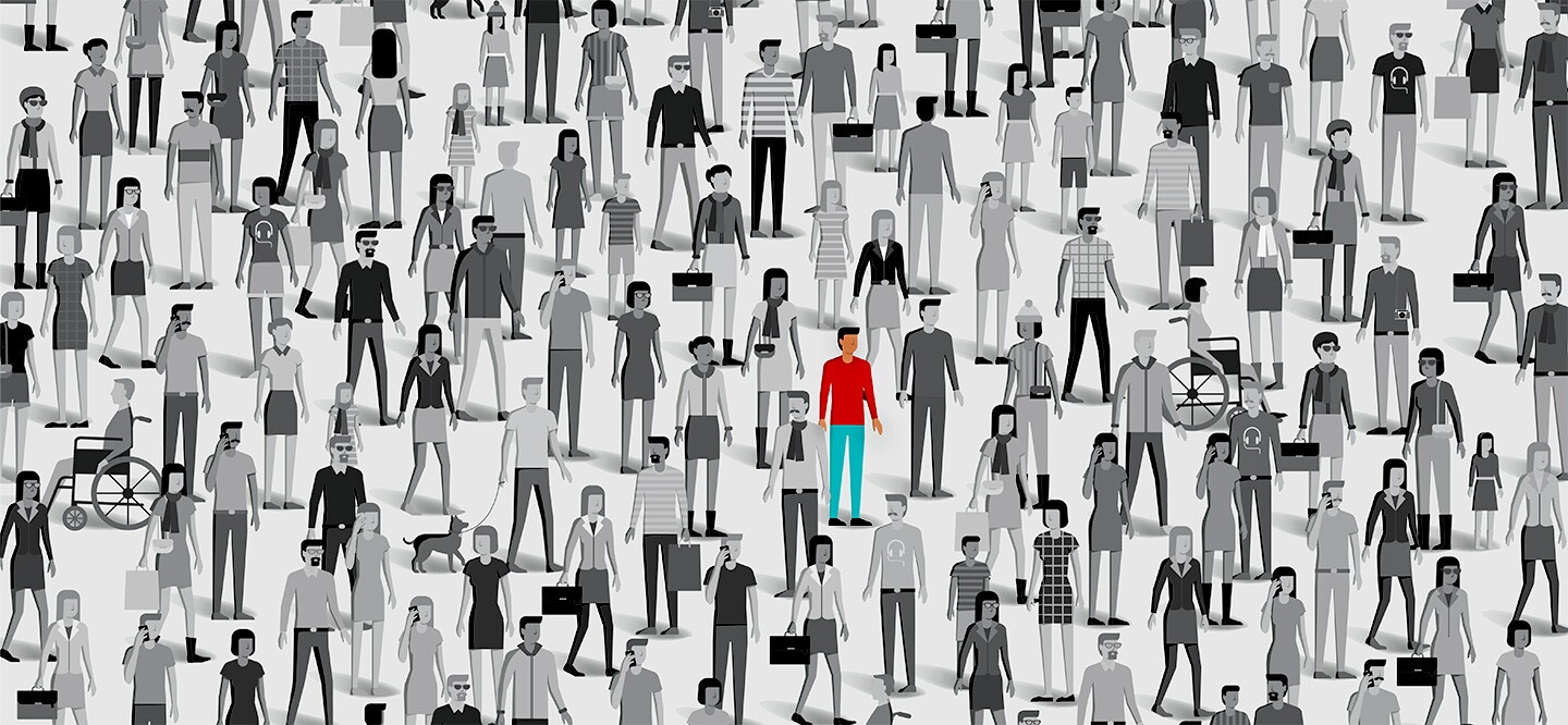 Illustration of one person in color standing within a large monochrome crowd.